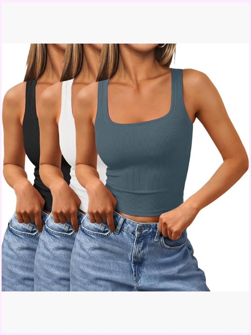 Square Neck Ribbed Tank Top 3 Pack Workout Camisole Stretchy